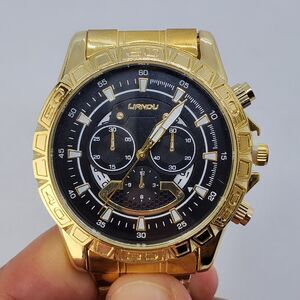 Men's Watch 44MM Gold Case Black Dial‎ Date Indicator Gold Bracelet 8" Wrist